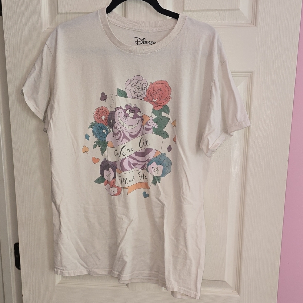 Disney Cream Tee with Cheshire Cat and Floral Design